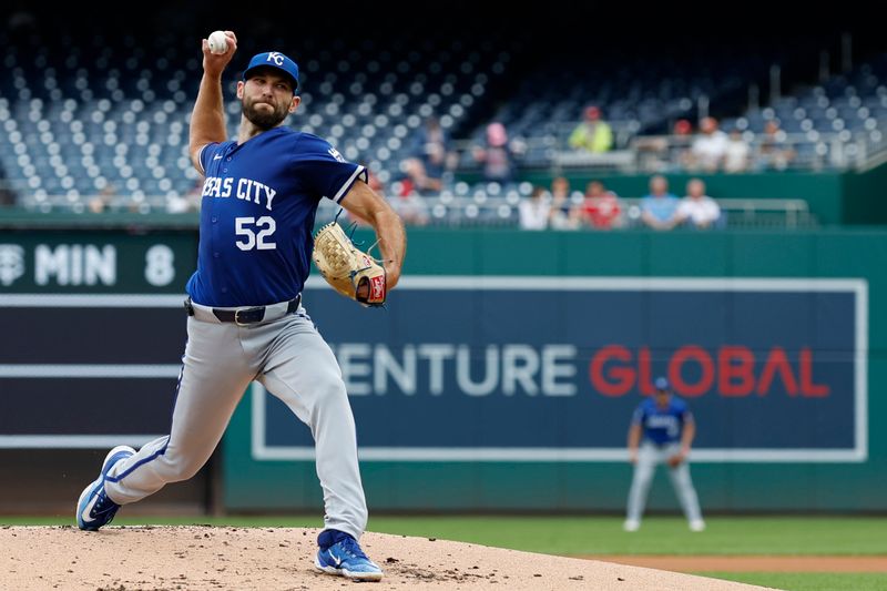Sep 26, 2024; Washington, District of Columbia, USA;  Kansas City Royals starting pitcher Michael Wacha (52) pitches against the Washington Nationals during the first inning at Nationals Park. Mandatory Credit: Geoff Burke-Imagn Images