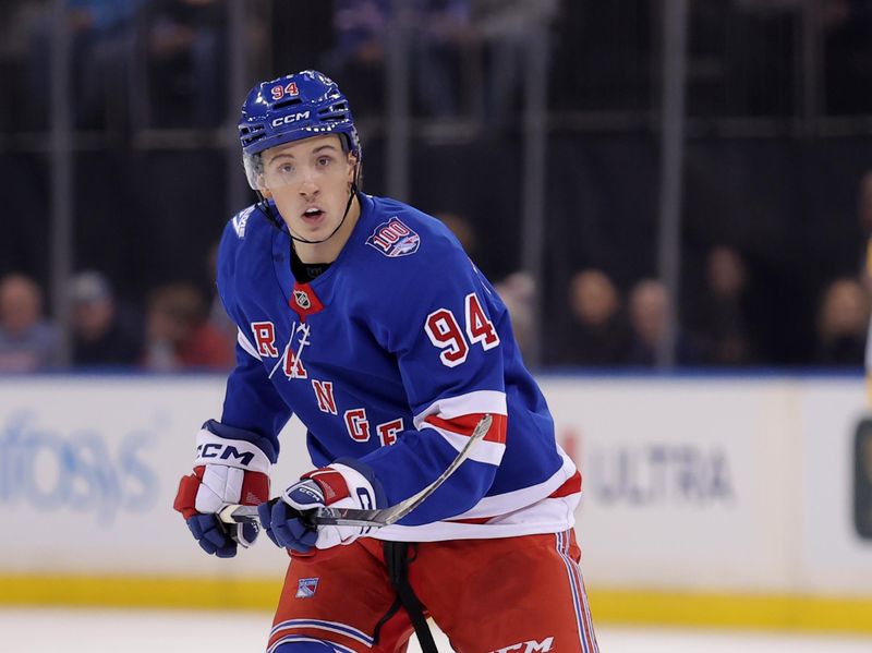 Nov 10, 2025; New York, New York, USA; New York Rangers right wing Gabe Perreault (94) skates against the Nashville Predators during the first period at Madison Square Garden. Mandatory Credit: Brad Penner-Imagn Images