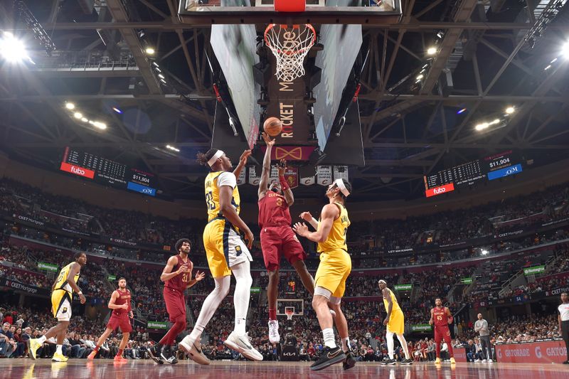 CLEVELAND, OH - APRIL 12: Caris LeVert #3 of the Cleveland Cavaliers shoots the ball during the game against the Indiana Pacers on April 12, 2024 at Rocket Mortgage FieldHouse in Cleveland, Ohio. NOTE TO USER: User expressly acknowledges and agrees that, by downloading and/or using this Photograph, user is consenting to the terms and conditions of the Getty Images License Agreement. Mandatory Copyright Notice: Copyright 2024 NBAE (Photo by David Liam Kyle/NBAE via Getty Images)