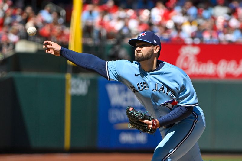 Apr 2, 2023; St. Louis, Missouri, USA;  Toronto Blue Jays relief pitcher Zach Pop (56) pitches against the St. Louis Cardinals during the fourth inning at Busch Stadium. Mandatory Credit: Jeff Curry-USA TODAY Sports