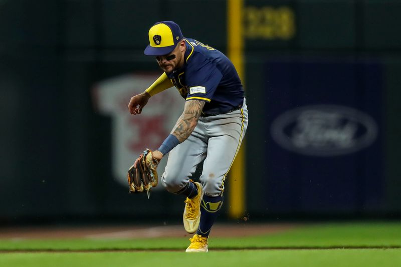 Apr 8, 2024; Cincinnati, Ohio, USA; Milwaukee Brewers third baseman Joey Ortiz (3) grounds the ball hit by Cincinnati Reds catcher Tyler Stephenson (not pictured) at Great American Ball Park. Mandatory Credit: Katie Stratman-USA TODAY Sports