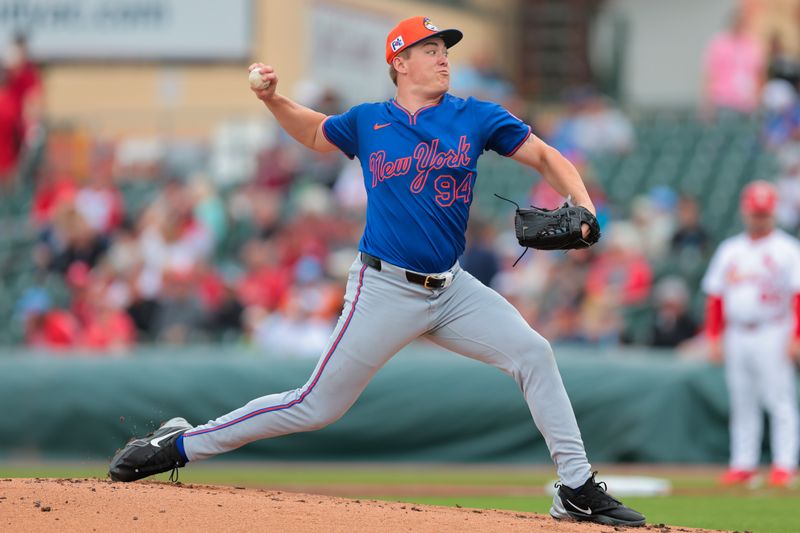 Feb 24, 2025; Jupiter, Florida, USA; New York Mets starting pitcher Blade Tidwell (94) delivers a pitch against the St. Louis Cardinals during the first inning at Roger Dean Chevrolet Stadium. Mandatory Credit: Sam Navarro-Imagn Images