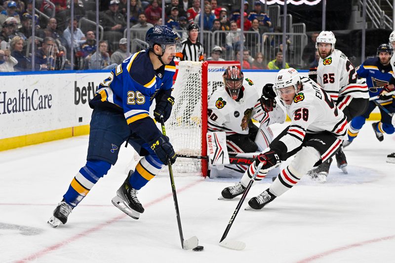 Apr 10, 2024; St. Louis, Missouri, USA;  St. Louis Blues center Jordan Kyrou (25) c controls the puck as Chicago Blackhawks right wing MacKenzie Entwistle (58) defends during the second period at Enterprise Center. Mandatory Credit: Jeff Curry-USA TODAY Sports