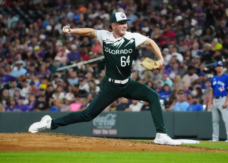 Sep 2, 2023; Denver, Colorado, USA; Colorado Rockies relief pitcher Gavin Hollowell (64) delivers against the Toronto Blue Jays in the seventh inning at Coors Field. Mandatory Credit: Ron Chenoy-USA TODAY Sports