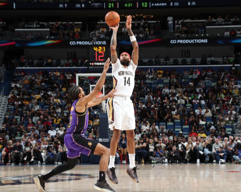 NEW ORLEANS, LA - NOVEMBER 16:  Brandon Ingram #14 of the New Orleans Pelicans shoots a three point basket during the game against the Los Angeles Lakers on November 16, 2024 at the Smoothie King Center in New Orleans, Louisiana. NOTE TO USER: User expressly acknowledges and agrees that, by downloading and or using this Photograph, user is consenting to the terms and conditions of the Getty Images License Agreement. Mandatory Copyright Notice: Copyright 2024 NBAE (Photo by Layne Murdoch Jr./NBAE via Getty Images)