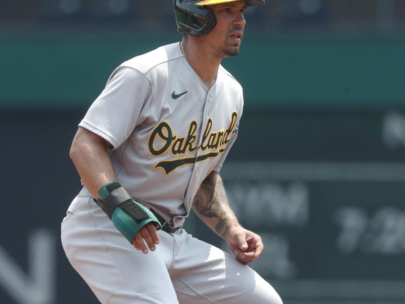 Jun 7, 2023; Pittsburgh, Pennsylvania, USA;  Oakland Athletics second baseman Jace Peterson (6) takes a lead off second base against the Pittsburgh Pirates during the fourth inning at PNC Park. Mandatory Credit: Charles LeClaire-USA TODAY Sports