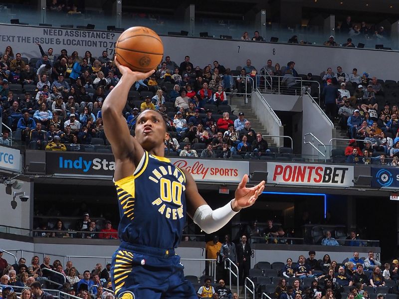 INDIANAPOLIS, IN - FEBRUARY 22:  Bennedict Mathurin #00 of the Indiana Pacers goes to the basket during the game on February 22, 2024 at Gainbridge Fieldhouse in Indianapolis, Indiana. NOTE TO USER: User expressly acknowledges and agrees that, by downloading and or using this Photograph, user is consenting to the terms and conditions of the Getty Images License Agreement. Mandatory Copyright Notice: Copyright 2024 NBAE (Photo by Ron Hoskins/NBAE via Getty Images)