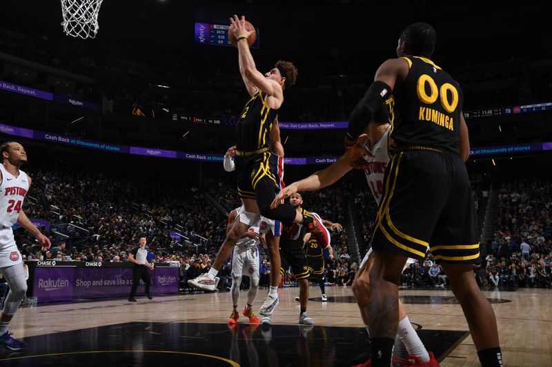 SAN FRANCISCO, CA - JANUARY 5: Brandin Podziemski #2 of the Golden State Warriors drives to the basket during the game against the Detroit Pistons on January 5, 2024 at Chase Center in San Francisco, California. NOTE TO USER: User expressly acknowledges and agrees that, by downloading and or using this photograph, user is consenting to the terms and conditions of Getty Images License Agreement. Mandatory Copyright Notice: Copyright 2024 NBAE (Photo by Noah Graham/NBAE via Getty Images)