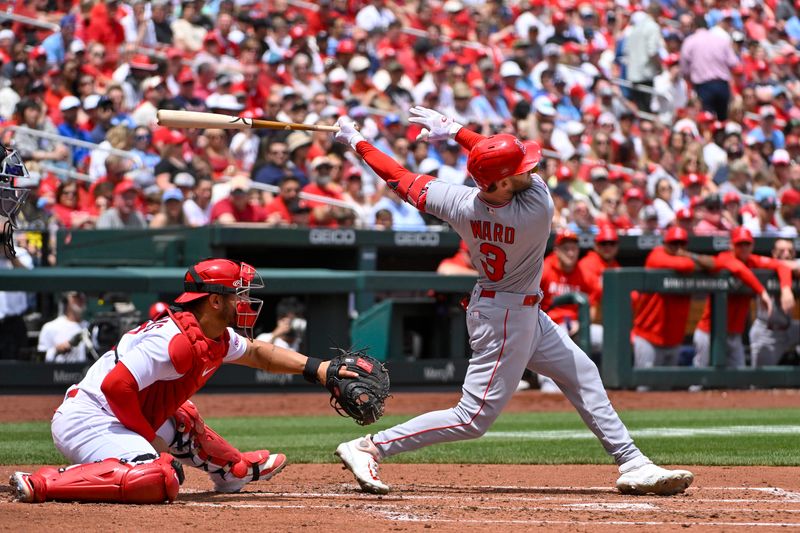 May 4, 2023; St. Louis, Missouri, USA;  Los Angeles Angels left fielder Taylor Ward (3) hits a one run sacrifice fly against the St. Louis Cardinals during the third inning at Busch Stadium. Mandatory Credit: Jeff Curry-USA TODAY Sports