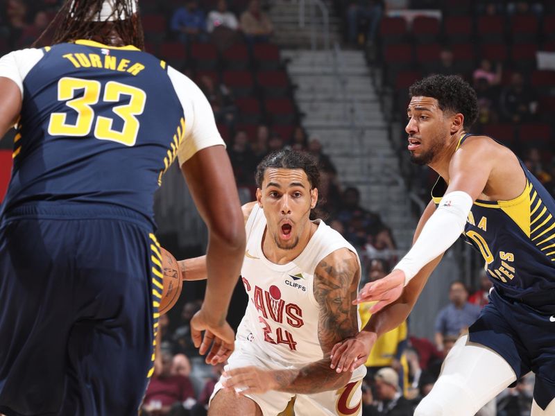 Cleveland, OH - OCTOBER 10: Jalon Tyson #24 of the Cleveland Cavaliers dribbles the ball during the game against the Indiana Pacers during a NBA pre season game on October 10, 2024 at Rocket Mortgage Fieldhouse in Cleveland, Ohio. NOTE TO USER: User expressly acknowledges and agrees that, by downloading and or using this photograph, User is consenting to the terms and conditions of the Getty Images License Agreement. Mandatory Copyright Notice: Copyright 2024 NBAE (Photo by Jeff Haynes/NBAE via Getty Images)