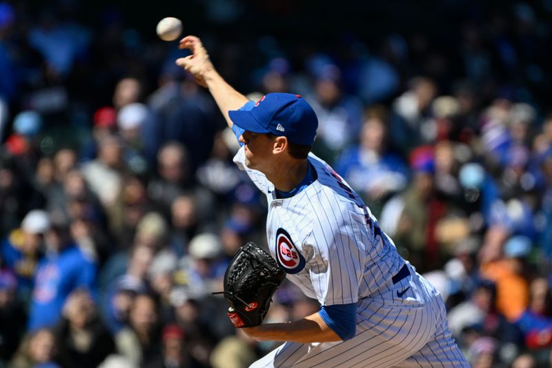 Apr 5, 2024; Chicago, Illinois, USA; Chicago Cubs starting pitcher Kyle Hendricks (28) delivers during the first inning against the Los Angeles Dodgers at Wrigley Field. Mandatory Credit: Matt Marton-USA TODAY Sports