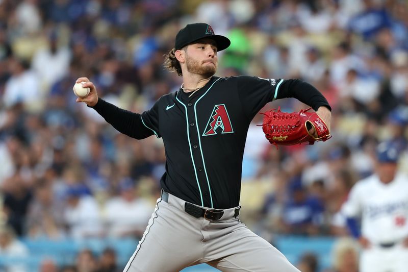 Jul 2, 2024; Los Angeles, California, USA;  Arizona Diamondbacks pitcher Ryne Nelson (19) pitches during the second inning against the Los Angeles Dodgers at Dodger Stadium. Mandatory Credit: Kiyoshi Mio-USA TODAY Sports