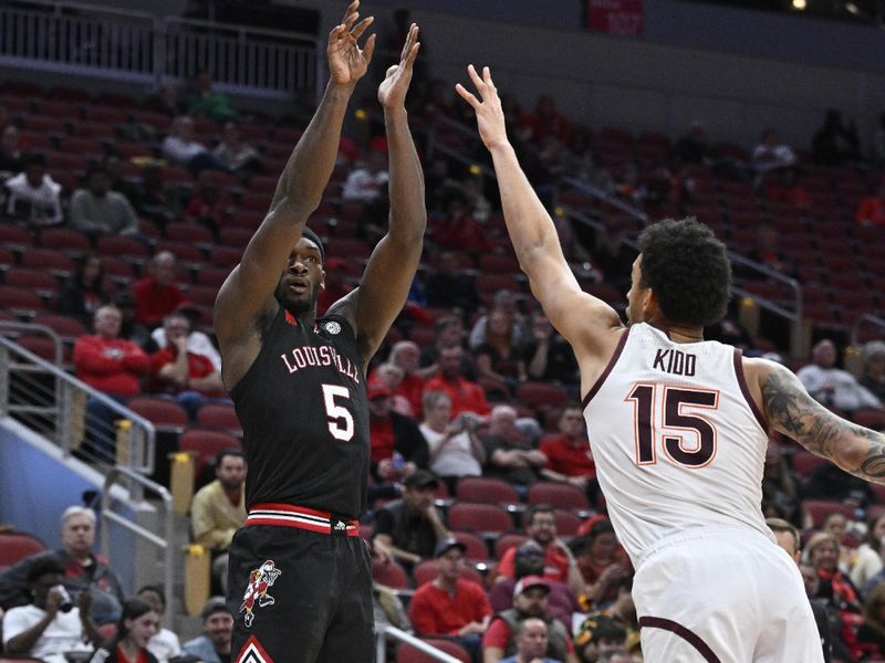 Mar 5, 2024; Louisville, Kentucky, USA; Louisville Cardinals forward Brandon Huntley-Hatfield (5) shoots against Virginia Tech Hokies center Lynn Kidd (15) during the second half at KFC Yum! Center. Virginia Tech defeated Louisville 80-64. Mandatory Credit: Jamie Rhodes-USA TODAY Sports