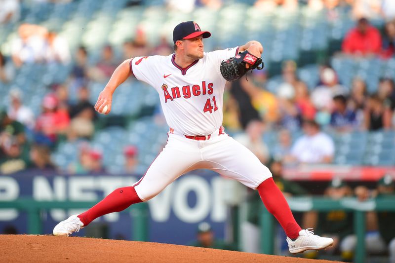 Jul 26, 2024; Anaheim, California, USA; Los Angeles Angels pitcher Carson Fulmer (41) throws against the Oakland Athletics during the first inning at Angel Stadium. Mandatory Credit: Gary A. Vasquez-USA TODAY Sports