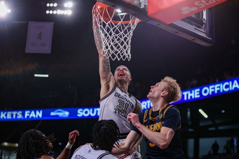 Feb 15, 2025; Atlanta, Georgia, USA; Georgia Tech Yellow Jackets forward Duncan Powell (31) dunks against the California Golden Bears in the second half at McCamish Pavilion. Mandatory Credit: Brett Davis-Imagn Images