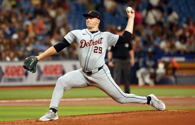 Apr 22, 2024; St. Petersburg, Florida, USA; Detroit Tigers pitcher Tarik Skubal (29) throws a pitch against the Tampa Bay Rays during the third inning at Tropicana Field. Mandatory Credit: Kim Klement Neitzel-USA TODAY Sports