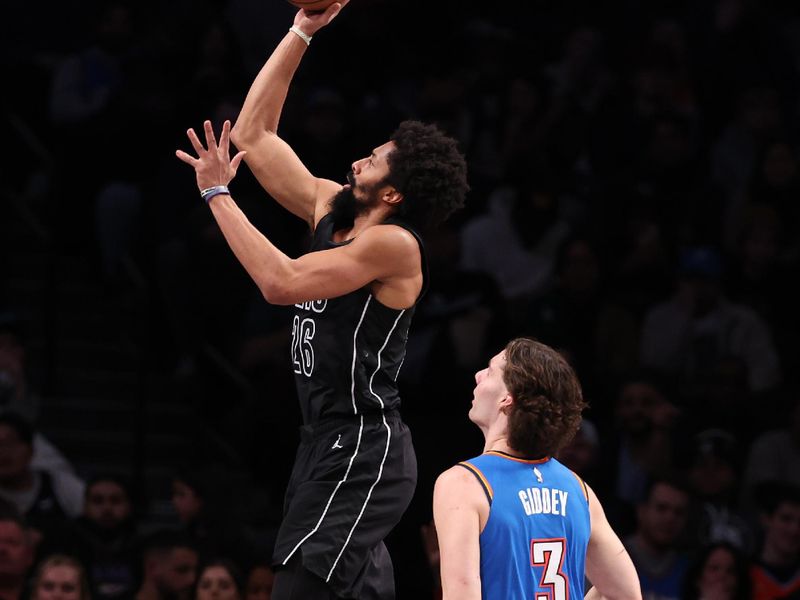 NEW YORK, NEW YORK - JANUARY 05:  Spencer Dinwiddie #26 of the Brooklyn Nets shoots against Josh Giddey #3 of the Oklahoma City Thunder during their game at Barclays Center on January 05, 2024 in New York City.  User expressly acknowledges and agrees that, by downloading and or using this photograph, User is consenting to the terms and conditions of the Getty Images License Agreement.   (Photo by Al Bello/Getty Images)