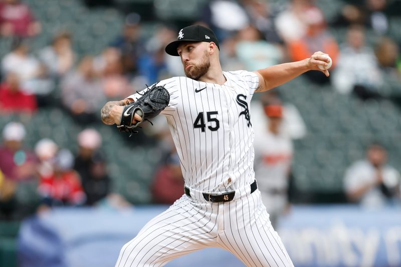 May 26, 2024; Chicago, Illinois, USA; Chicago White Sox starting pitcher Garrett Crochet (45) delivers a pitch against the Baltimore Orioles during the first inning at Guaranteed Rate Field. Mandatory Credit: Kamil Krzaczynski-USA TODAY Sports