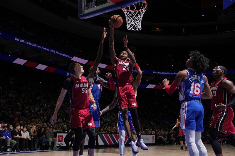 PHILADELPHIA, PA - FEBRUARY 14: Haywood Highsmith #24 of the Miami Heat drives to the basket during the game against the Philadelphia 76ers on February 14, 2024 at the Wells Fargo Center in Philadelphia, Pennsylvania NOTE TO USER: User expressly acknowledges and agrees that, by downloading and/or using this Photograph, user is consenting to the terms and conditions of the Getty Images License Agreement. Mandatory Copyright Notice: Copyright 2024 NBAE (Photo by Jesse D. Garrabrant/NBAE via Getty Images)