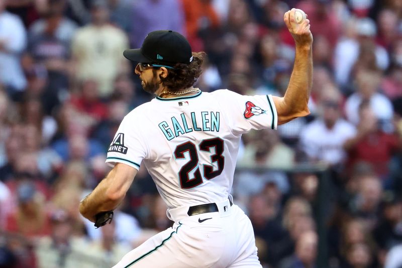 Nov 1, 2023; Phoenix, Arizona, USA; Arizona Diamondbacks starting pitcher Zac Gallen (23) throws a pitch against the Texas Rangers during the first inning in game five of the 2023 World Series at Chase Field. Mandatory Credit: Mark J. Rebilas-USA TODAY Sports