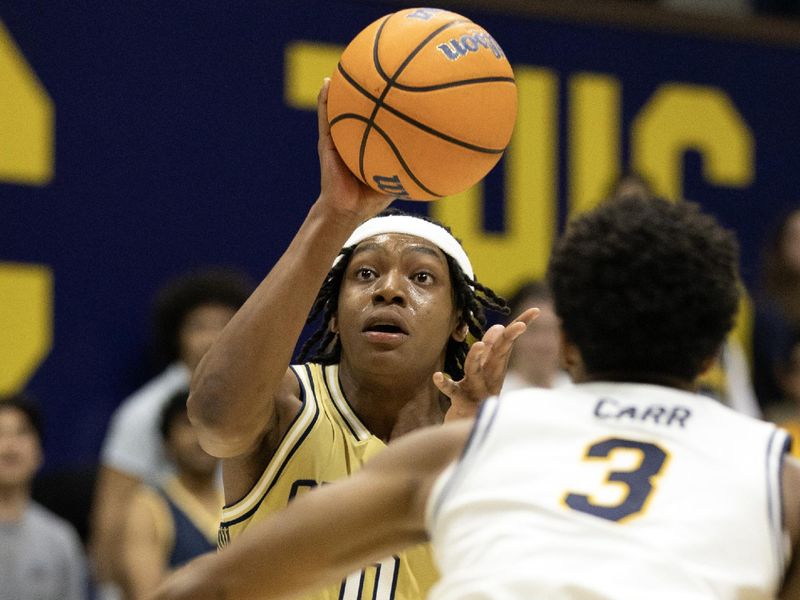 Feb 4, 2026; Berkeley, California, USA; Georgia Tech Yellow Jackets guard Akai Fleming (0) looks to pass over California Golden Bears guard Semetri (TT) Carr (3) during the first half at Haas Pavilion. Mandatory Credit: D. Ross Cameron-Imagn Images