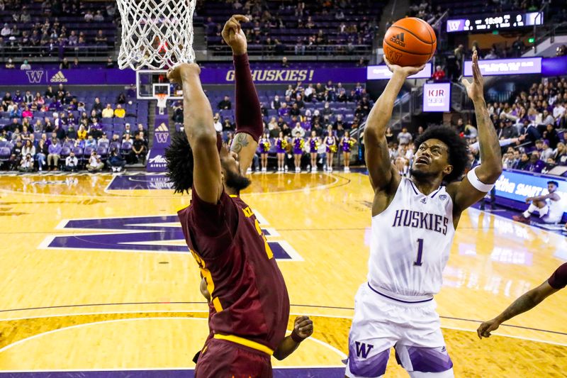 Jan 26, 2023; Seattle, Washington, USA; Washington Huskies forward Keion Brooks (1) shoots against the Arizona State Sun Devils during the first half at Alaska Airlines Arena at Hec Edmundson Pavilion. Mandatory Credit: Joe Nicholson-USA TODAY Sports