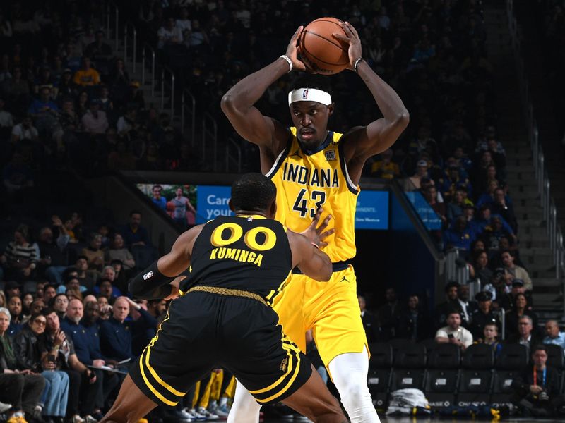 SAN FRANCISCO, CA - MARCH 22: Pascal Siakam #43 of the Indiana Pacers looks to pass the ball during the game against the Golden State Warriors on March 22, 2024 at Chase Center in San Francisco, California. NOTE TO USER: User expressly acknowledges and agrees that, by downloading and or using this photograph, user is consenting to the terms and conditions of Getty Images License Agreement. Mandatory Copyright Notice: Copyright 2024 NBAE (Photo by Noah Graham/NBAE via Getty Images)