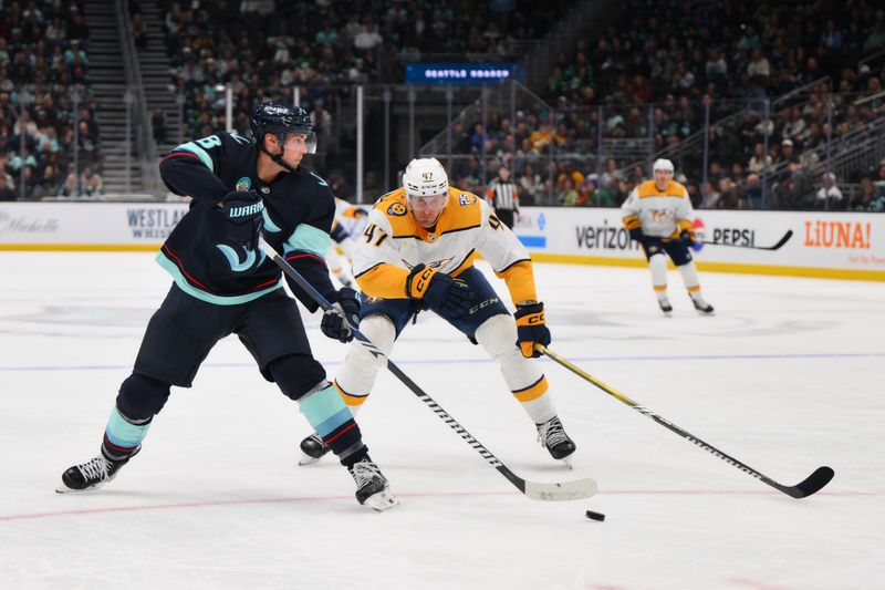 Mar 16, 2024; Seattle, Washington, USA; Seattle Kraken defenseman Brian Dumoulin (8) passes the puck while defended by Nashville Predators right wing Michael McCarron (47) during the third period at Climate Pledge Arena. Mandatory Credit: Steven Bisig-USA TODAY Sports