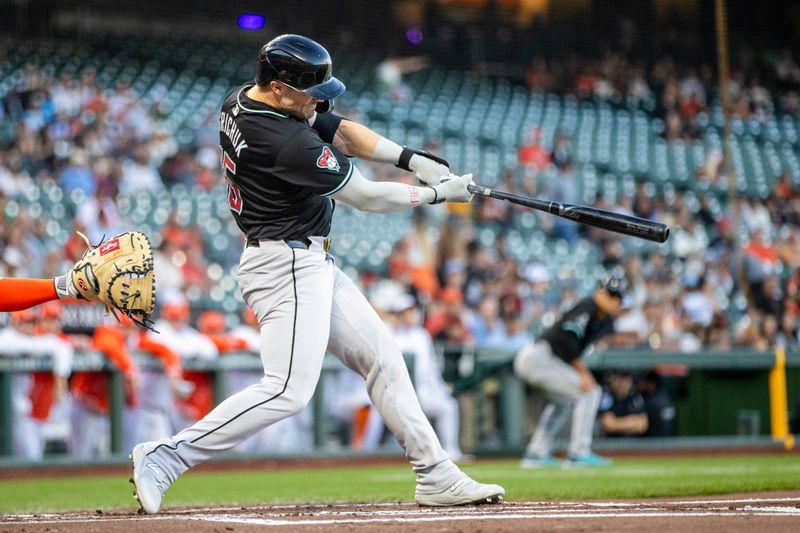 Sep 3, 2024; San Francisco, California, USA;  Arizona Diamondbacks left fielder Randal Grichuk (15) hits a two-run home run against the San Francisco Giants during the first inning at Oracle Park. Mandatory Credit: John Hefti-Imagn Images