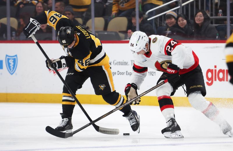 Feb 2, 2026; Pittsburgh, Pennsylvania, USA;  Ottawa Senators center Dylan Cozens (24) and Pittsburgh Penguins center Blake Lizotte (46) battle for the puck during the second period at PPG Paints Arena. Mandatory Credit: Charles LeClaire-Imagn Images