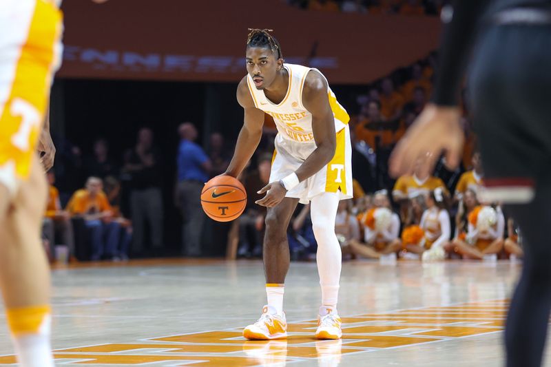 Feb 25, 2023; Knoxville, Tennessee, USA; Tennessee Volunteers guard Jahmai Mashack (15) looks to move the ball against the South Carolina Gamecocks during the first half at Thompson-Boling Arena. Mandatory Credit: Randy Sartin-USA TODAY Sports