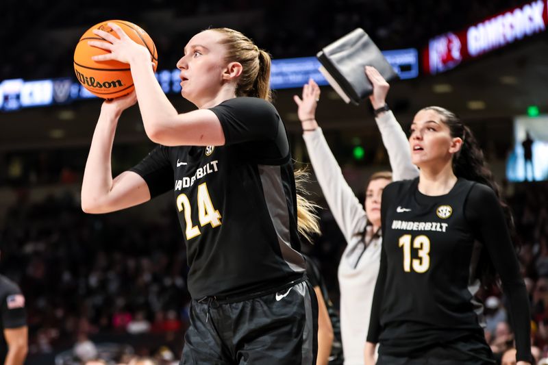 Jan 28, 2024; Columbia, South Carolina, USA; Vanderbilt Commodores guard Aga Makurat (24) makes a three point basket against the South Carolina Gamecocks in the second half at Colonial Life Arena. Mandatory Credit: Jeff Blake-USA TODAY Sports