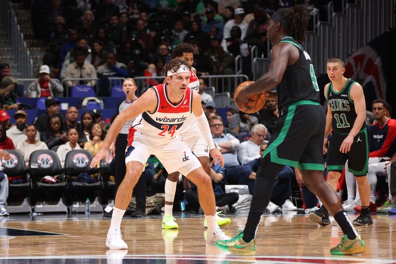 WASHINGTON, DC -? OCTOBER 24: Corey Kispert #24 of the Washington Wizards plays defense during the game against the Boston Celtics on October 24, 2024 at Capital One Arena in Washington, DC. NOTE TO USER: User expressly acknowledges and agrees that, by downloading and or using this Photograph, user is consenting to the terms and conditions of the Getty Images License Agreement. Mandatory Copyright Notice: Copyright 2024 NBAE (Photo by Kenny Giarla/NBAE via Getty Images)