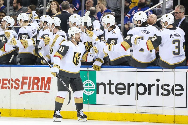 Jan 26, 2024; New York, New York, USA; Vegas Golden Knights right wing Jonathan Marchessault (81) celebrates with his teammates after scoring a goal in the second period against the New York Rangers at Madison Square Garden. Mandatory Credit: Wendell Cruz-USA TODAY Sports