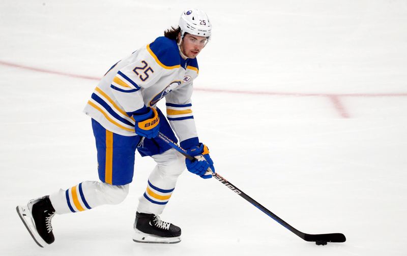 Jan 6, 2024; Pittsburgh, Pennsylvania, USA;  Buffalo Sabres defenseman Owen Power (25) warms up before the game against the Pittsburgh Penguins at PPG Paints Arena. Mandatory Credit: Charles LeClaire-USA TODAY Sports