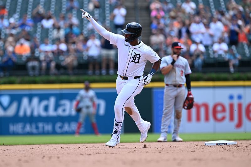 Jun 13, 2024; Detroit, Michigan, USA;  Detroit Tigers outfield Justyn-Henry Malloy (44) celebrates after hitting a solo home run against the Washington Nationals in the sixth inning at Comerica Park. Mandatory Credit: Lon Horwedel-USA TODAY Sports