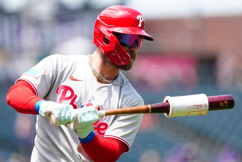 May 22, 2025; Denver, Colorado, USA; Philadelphia Phillies first baseman Bryce Harper (3) on deck to bat during the first inning against the Colorado Rockies at Coors Field. Mandatory Credit: Ron Chenoy-Imagn Images