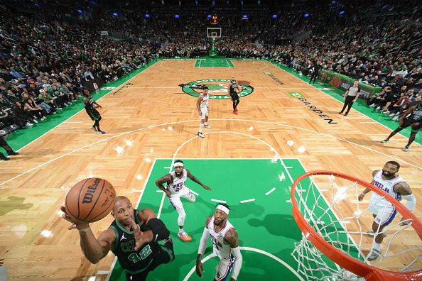 BOSTON, MA - DECEMBER 1: Al Horford #42 of the Boston Celtics drives to the basket during the game against the Philadelphia 76ers on December 1, 2023 at the TD Garden in Boston, Massachusetts. NOTE TO USER: User expressly acknowledges and agrees that, by downloading and or using this photograph, User is consenting to the terms and conditions of the Getty Images License Agreement. Mandatory Copyright Notice: Copyright 2023 NBAE  (Photo by Brian Babineau/NBAE via Getty Images)