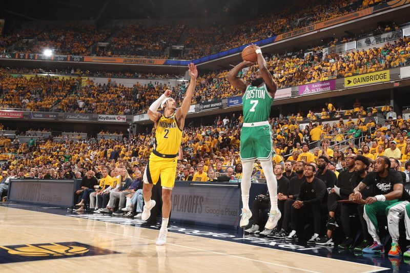 INDIANAPOLIS, IN - MAY 27: Jaylen Brown #7 of the Boston Celtics shoots a three point basket during the game against the Indiana Pacers during Game 4 of the Eastern Conference Finals of the 2024 NBA Playoffs on May 27, 2024 at Gainbridge Fieldhouse in Indianapolis, Indiana. NOTE TO USER: User expressly acknowledges and agrees that, by downloading and or using this Photograph, user is consenting to the terms and conditions of the Getty Images License Agreement. Mandatory Copyright Notice: Copyright 2024 NBAE (Photo by Nathaniel S. Butler/NBAE via Getty Images)