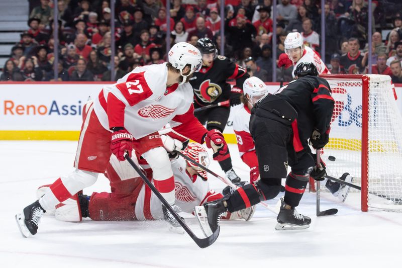 Dec 5, 2024; Ottawa, Ontario, CAN;  Ottawa Senators center Josh Norris (9) scores against Detroit Red Wings goalie Ville Husso (35) in the first period at the Canadian Tire Centre. Mandatory Credit: Marc DesRosiers-Imagn Images