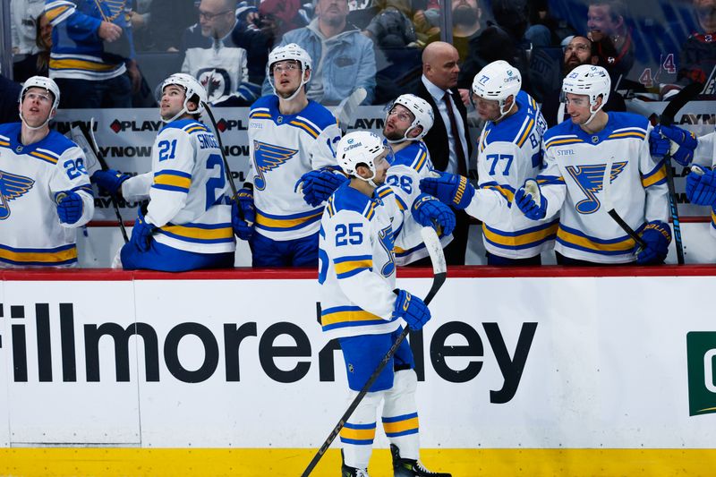 Jan 20, 2026; Winnipeg, Manitoba, CAN; St. Louis Blues forward Jordan Kyrou (25) is congratulated by team mates on scoring a goal against the Winnipeg Jets during the second period at Canada Life Centre. Mandatory Credit: Terrence Lee-Imagn Images