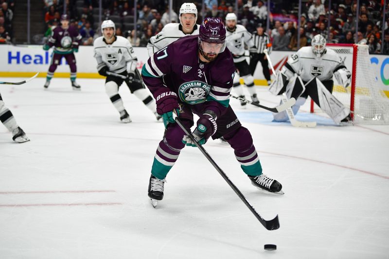 Nov 24, 2023; Anaheim, California, USA; Anaheim Ducks left wing Alex Killorn (17) controls the puck against the Los Angeles Kings during the second period at Honda Center. Mandatory Credit: Gary A. Vasquez-USA TODAY Sports