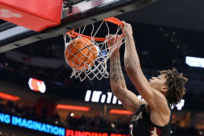 Feb 4, 2023; Louisville, Kentucky, USA;  Florida State Seminoles forward Cam Corhen (3) dunks against the Louisville Cardinals during the first half at KFC Yum! Center. Mandatory Credit: Jamie Rhodes-USA TODAY Sports