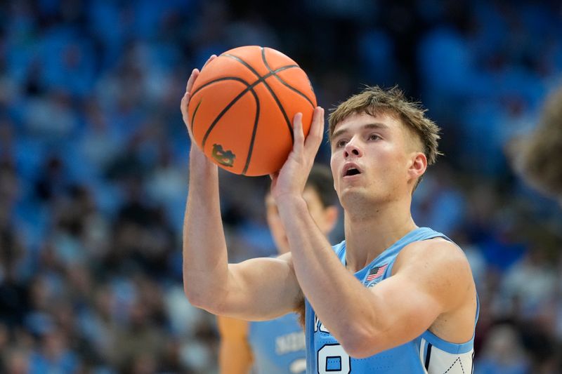 Nov 17, 2023; Chapel Hill, North Carolina, USA; North Carolina Tar Heels guard Paxson Wojcik (8) at the free throw line in the second half at Dean E. Smith Center. Mandatory Credit: Bob Donnan-USA TODAY Sports