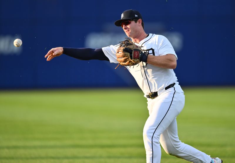 Aug 18, 2024; Williamsport, Pennsylvania, USA; Detroit Tigers infielder Colt Keith (33) throws to first against the New York Yankees in the first inning at BB&T Ballpark at Historic Bowman Field. Mandatory Credit: Kyle Ross-USA TODAY Sports