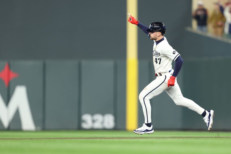 Oct 11, 2023; Minneapolis, Minnesota, USA; Minnesota Twins second baseman Edouard Julien (47) celebrates after  hitting a solo home-run in the sixth inning against the Houston Astros during game four of the ALDS for the 2023 MLB playoffs at Target Field. Mandatory Credit: Jesse Johnson-USA TODAY Sports