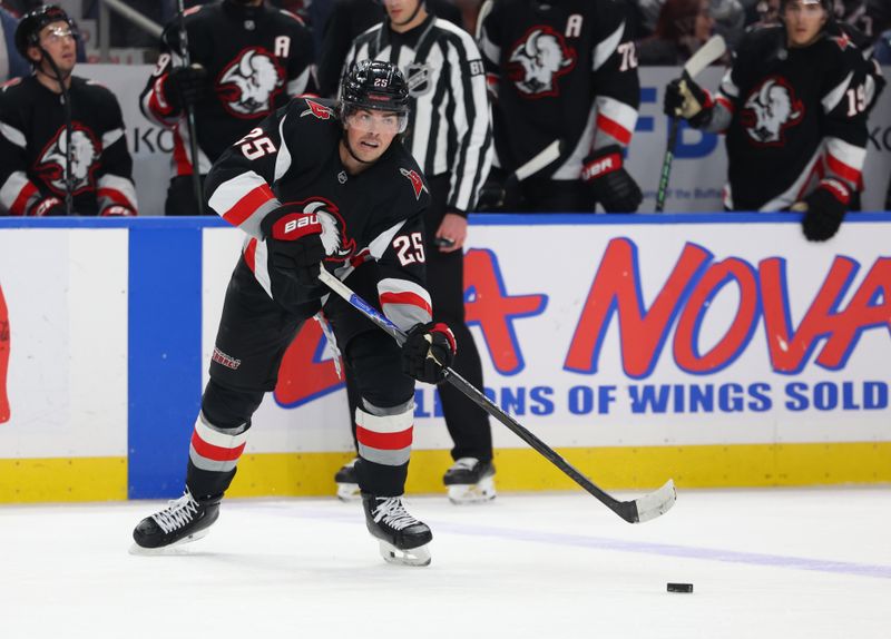 Mar 8, 2026; Buffalo, New York, USA; Buffalo Sabres defenseman Owen Power (25) makes a pass during the second period against the Tampa Bay Lightning at KeyBank Center. Mandatory Credit: Timothy T. Ludwig-Imagn Images Mar 8, 2026; Buffalo, New York, USA; Buffalo Sabres defenseman Owen Power (25) makes a pass during the second period against the Tampa Bay Lightning at KeyBank Center. Mandatory Credit: Timothy T. Ludwig-Imagn Images