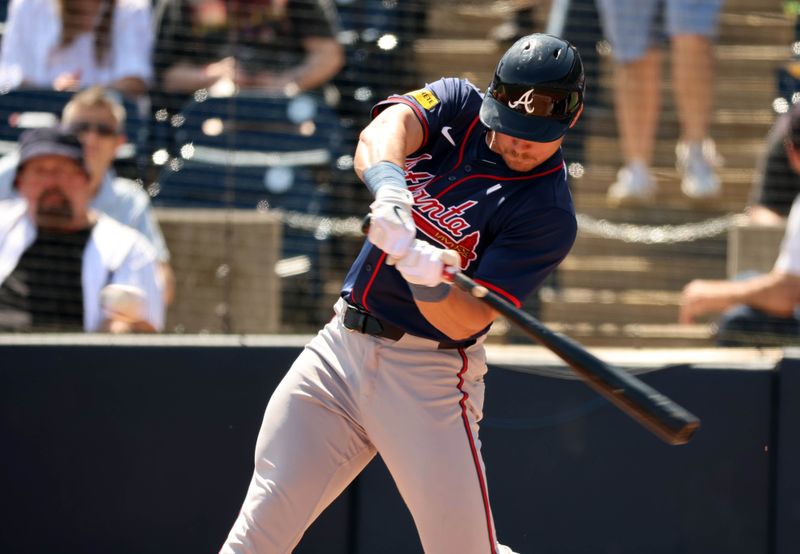 Mar 10, 2024; Tampa, Florida, USA; Atlanta Braves left fielder Jarred Kelenic (24) singles against the New York Yankees during the first inning at George M. Steinbrenner Field. Mandatory Credit: Kim Klement Neitzel-USA TODAY Sports