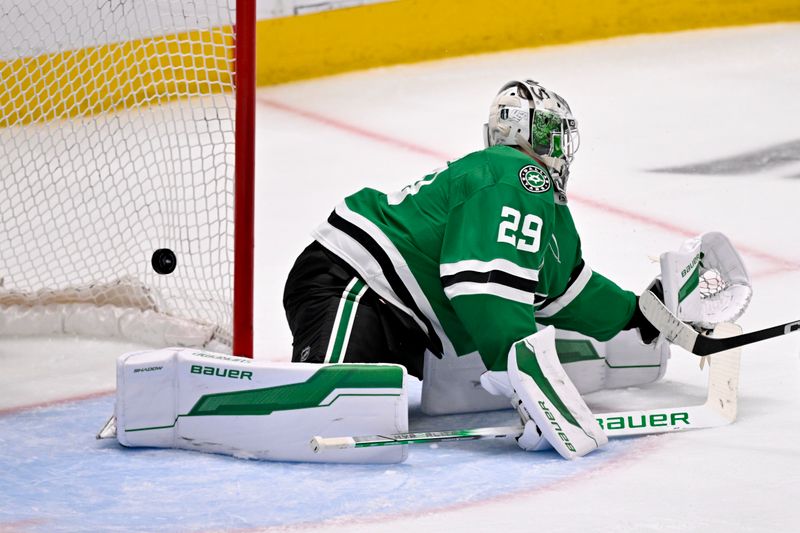 May 3, 2025; Dallas, Texas, USA; Dallas Stars goaltender Jake Oettinger (29) gives up a a short-handed goal to Colorado Avalanche defenseman Josh Manson (not pictured) during the second period in game seven of the first round of the 2025 Stanley Cup Playoffs at American Airlines Center. Mandatory Credit: Jerome Miron-Imagn Images