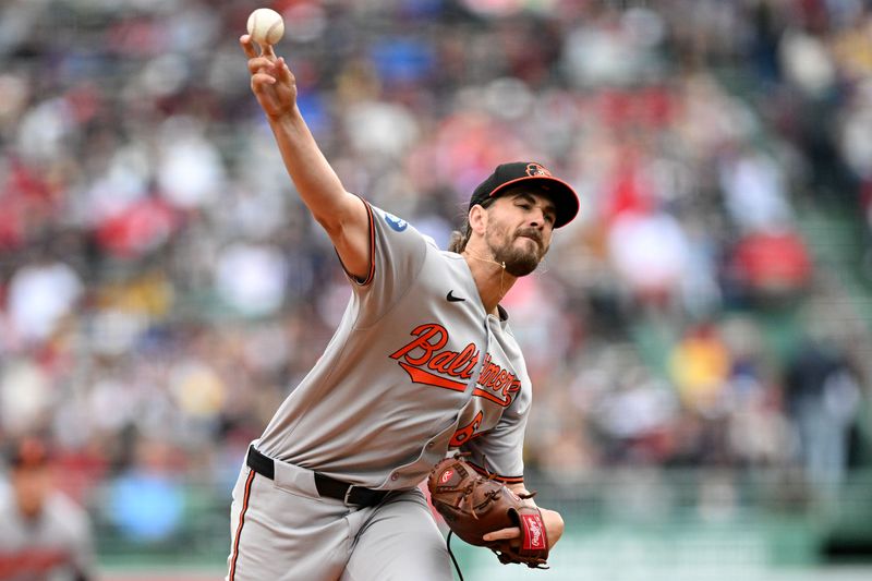 May 25, 2025; Boston, Massachusetts, USA; Baltimore Orioles starting pitcher Dean Kremer (64) pitches against the Boston Red Sox during the first inning at Fenway Park. Mandatory Credit: Brian Fluharty-Imagn Images